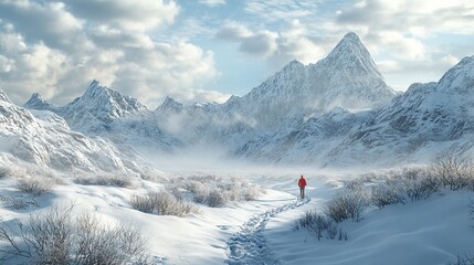 Fototapeta premium A lone hiker walks a snow-covered path towards majestic, snow-capped mountains under a partly cloudy sky. The scene evokes a sense of serenity and adventure in a winter wonderland.