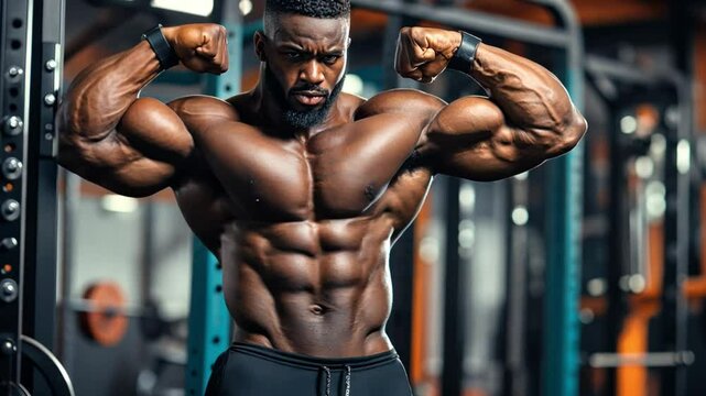 Muscular African man flexing his arms in the gym. The concept of strength and determination As this man was showing off his physical abilities.