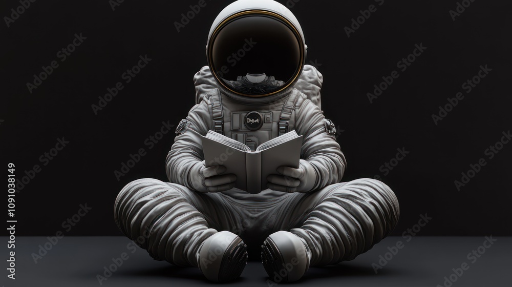 Poster an astronaut sitting cross-legged, reading a book in a minimalist setting.