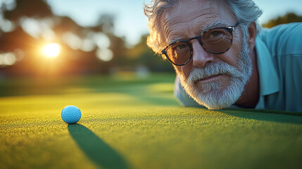 Senior man focusing intently on golf ball while preparing for putt during sunset on the golf course. Generative AI