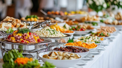 Fototapeta premium Lavish buffet spread with diverse dishes and colorful presentation on a long table, ready for a festive gathering or celebration event.