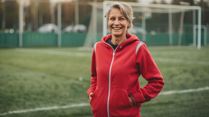 Middle-aged adult female woman coach stands on football pitch field. Leadership, mentorship, and dedication in the realm of sports coaching. Copy paste empty place for text
