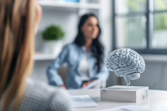 Futuristic medical consultation with holographic brain model in a modern office environment, highlighting technological advancements in neuroscience and healthcare innovation