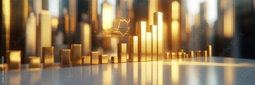 Poster a futuristic cityscape with golden bar graphs representing financial data and trends.