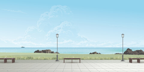 Fototapeta premium Public park at seaside have blue sky background graphic illustration.