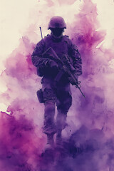Fototapeta premium An artistic silhouette of a soldier standing still, blending into a pastel lavender background,