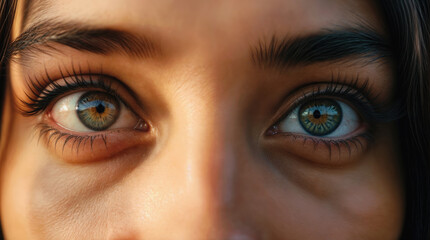 Obraz premium Extreme close up of mesmerizing blue eyes with long eyelashes and defined eyebrows in warm lighting, showing intense gaze and natural beauty