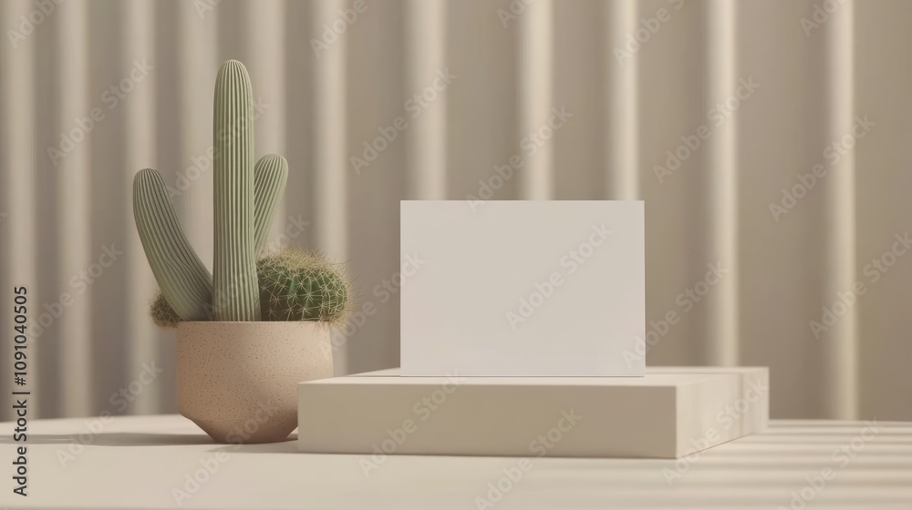 Poster A minimalist scene featuring a cactus in a pot and a blank card on stacked blocks.