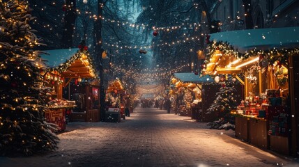 Fototapeta premium Festive holiday market at night with lights and snowfall 