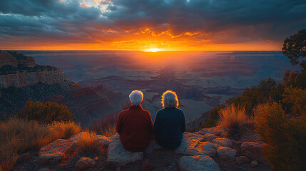 Obraz premium Couple enjoys a breathtaking sunset over the Grand Canyon during a serene evening stroll. Generative AI
