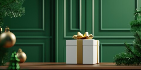 A beautifully wrapped gift box with a golden ribbon, set against a rich green backdrop, surrounded by festive decorations.