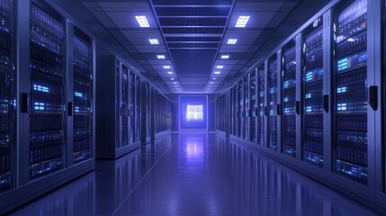 Fototapeta premium A futuristic server room with rows of servers and a glowing entrance.