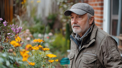 Older man tending to flowers in a vibrant garden during a sunny day in a residential area. Generative AI