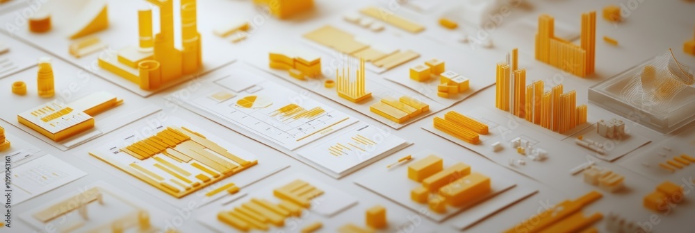 Fototapete a collection of yellow data visualizations and graphs arranged artistically.