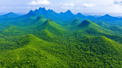 Fototapeta premium Emerald Peaks: A serene aerial view of a lush, verdant mountain range bathed in the soft glow of a clear, blue sky. The image evokes a sense of tranquility and adventure.