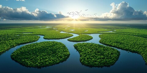 A river delta with multiple tributaries spreading out, creating a unique ecosystem of mangroves, fish, and birds flying overhead, sunlight breaking through clouds