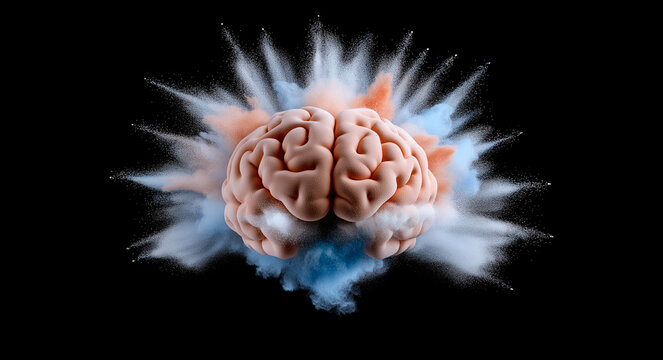 colorful brain made of powder is exploding in dramatic display against black background, symbolizing creativity and innovation