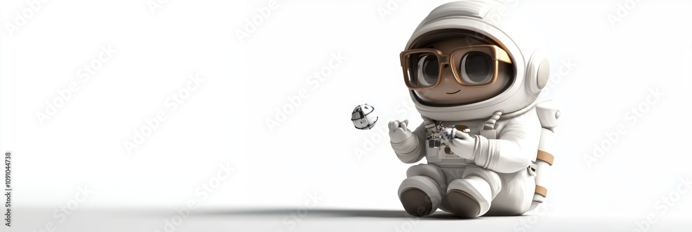 Poster A cute astronaut character with glasses, playing with a small object in a minimalist setting.
