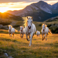 Obraz premium group of white horses running at sunset against mountainous backdrop, evoking sense of freedom and beauty
