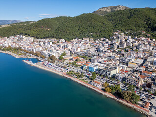 Aerial drone view of the coastal city named Igoumenitsa in Epirus, Greece.