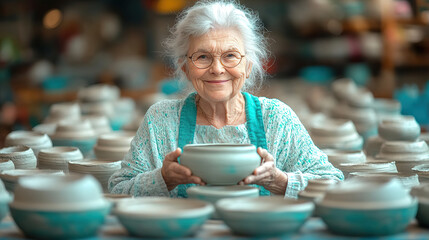 Elderly artisan smiles while holding handmade pottery bowl in a vibrant workshop filled with colorful ceramics. Generative AI