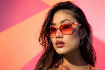 Stylish summer asian portrait with orange-tinted sunglasses, flowing hair, and a confident pose against a warm pink and peach geometric background