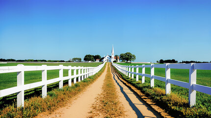 Scenic Country Road Leading to a Church Surrounded by Green Fields