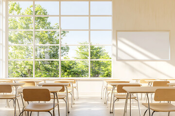 Obraz premium Bright and airy classroom interior design with natural light. Modern school desks and chairs arranged in rows, facing large windows with a view of green trees. Perfect for education and learning.