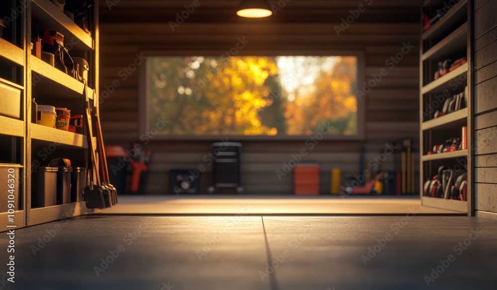 Poster A cozy workshop with tools and a view of autumn foliage through a large window.