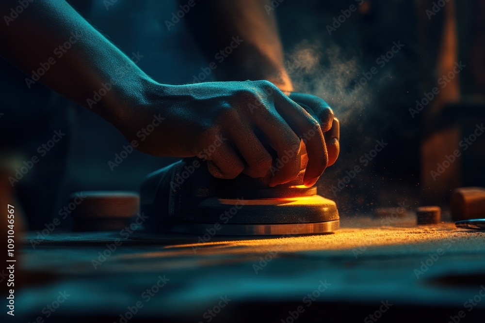 Aufkleber a hand using a sander on wood, creating dust and highlighting craftsmanship.