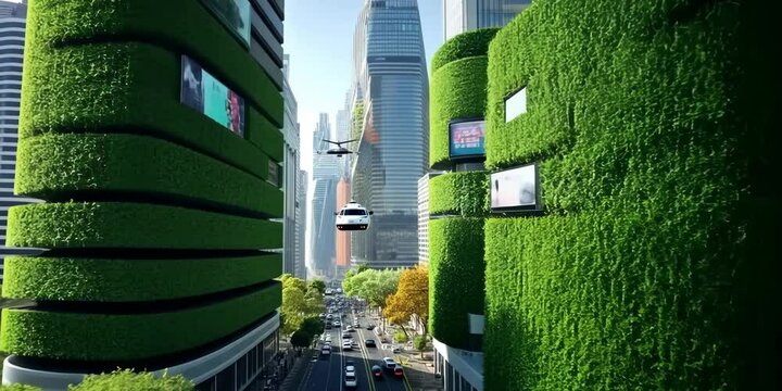 Future city with living walls and pedestrian-friendly streets, 4K Video