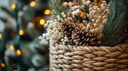 Obraz premium Rustic Winter Basket with Pine Cones and Festive Decorations