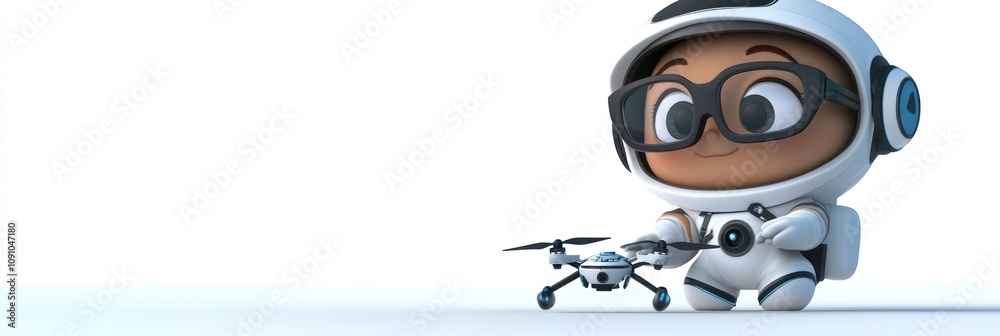 Poster a cheerful child in a space suit operates a small drone, showcasing curiosity and technology.