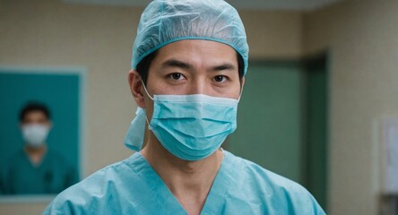 Confident Asian doctor in surgical scrubs with a protective mask, embodying professionalism and dedication in a modern hospital setting.