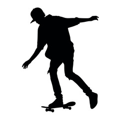 Fototapeta premium A man is riding a skateboard. He is wearing a hat and a hoodie. He is holding his hand out