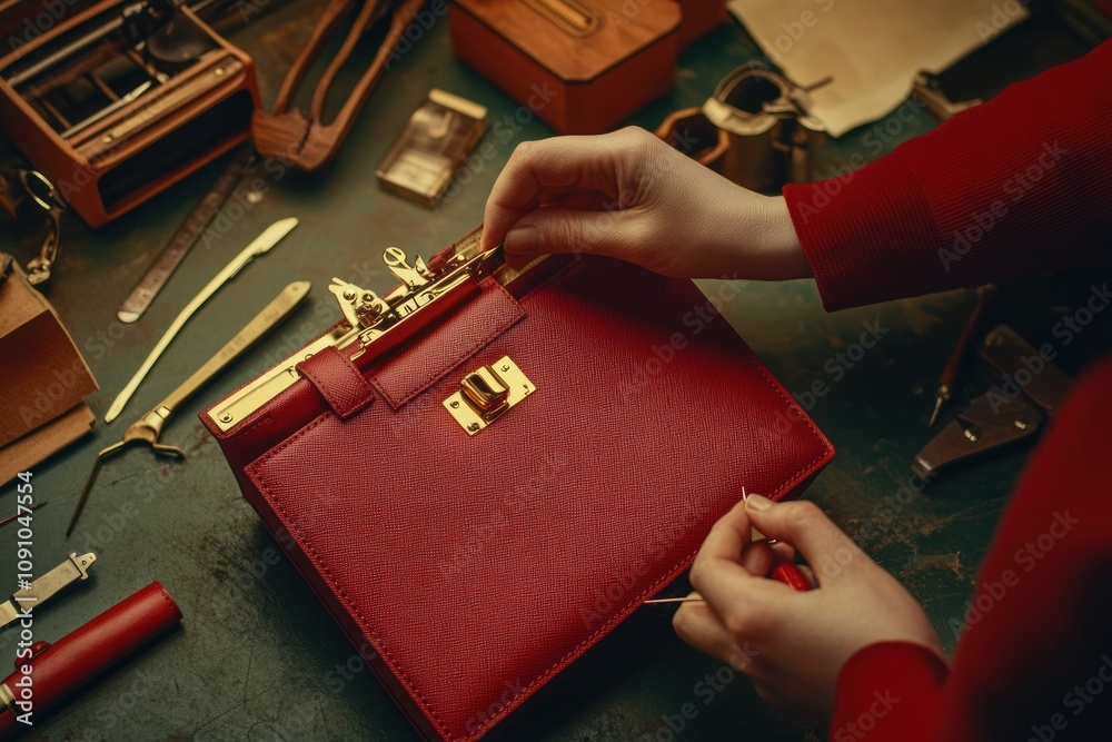 Poster a person is crafting a red handbag amidst various tools on a workbench.
