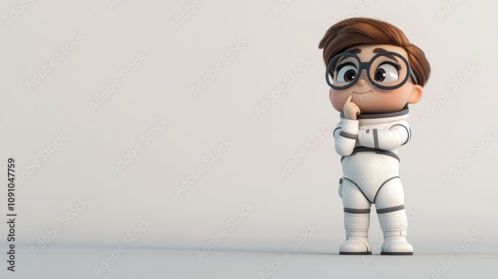 Poster a cute animated child in a spacesuit, pondering in a minimalist setting.