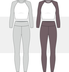 Set of fashionable women's tracksuit.  Drawstring cropped top with long raglan sleeves, fitting. Drawing of leggings with high waist line.
