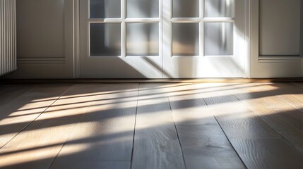 Bright sunlight streaming through frosted glass panel doors, casting soft shadows on a wooden floor in a minimalist interior
