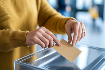 person in yellow sweater is placing paper into transparent box, possibly voting or submitting suggestion. focus is on hands and paper