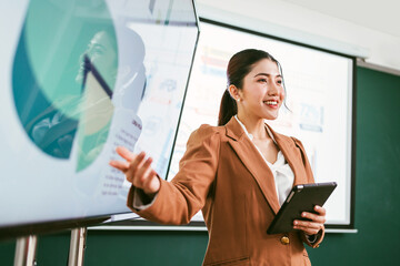 A professional Asian business woman presents data on screens in a board meeting room, engaging her...