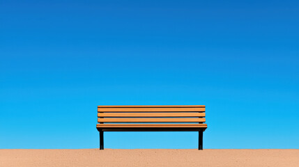 Obraz premium Minimalist wooden bench on empty plain under clear blue sky