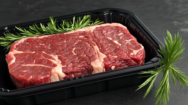 Blank plastic beef tray with black and white label mockup Video