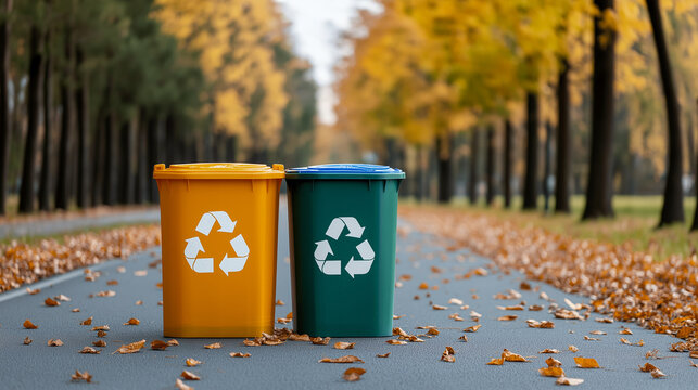 Colorful recycling bins on tree lined road in autumn, surrounded by fallen leaves, promoting environmental awareness
