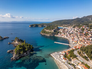 Obraz premium Aerial drone view of the coastal town and holiday destination of Parga in Greece.