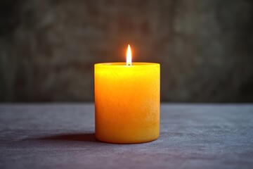 Illuminated yellow candle on a textured surface