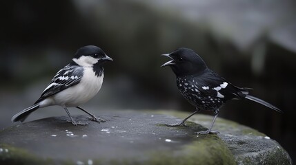 Obraz premium Two small birds interact on a rocky surface, showcasing their unique plumage and behavior in a serene environment.