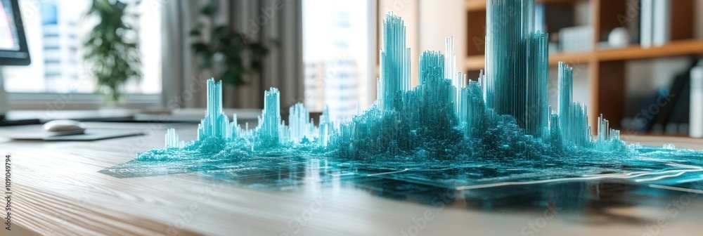 Poster a 3d representation of a cityscape made of turquoise crystalline structures on a desk.