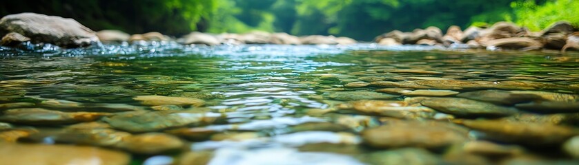 Fototapeta premium Crystal clear river flowing over smooth stones.