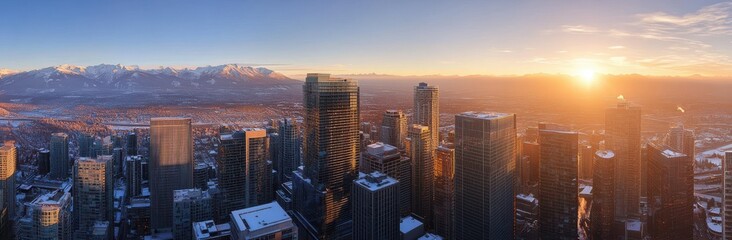 Obraz premium A Breathtaking Sunrise Over a Snow-Covered Urban Landscape with Majestic Mountains in the Background, Showcasing the Beauty of Nature and City Life in Harmony